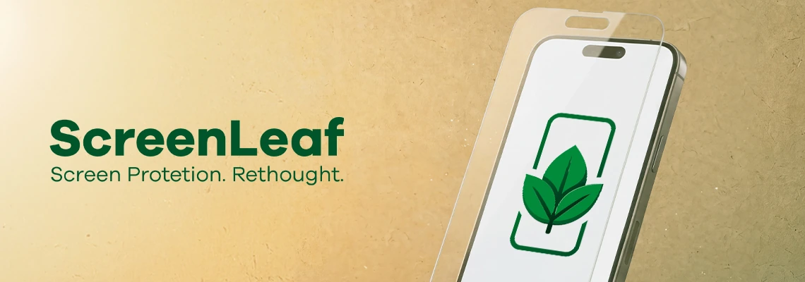 Logo de ScreenLeaf con el lema «Screen Protection. Rethought.», junto a un smartphone con logo y un protector flotante