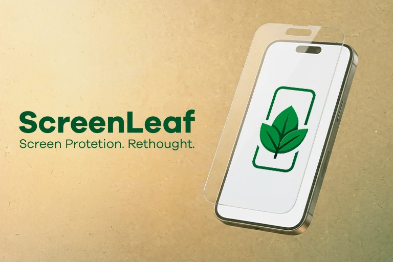 Logo de ScreenLeaf con el lema «Screen Protection. Rethought.», junto a un smartphone con logo y un protector flotante