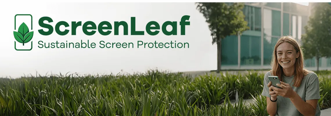 Mujer con smartphone en entorno verde – a su lado aparece el texto ScreenLeaf – Sustainable Screen Protection.