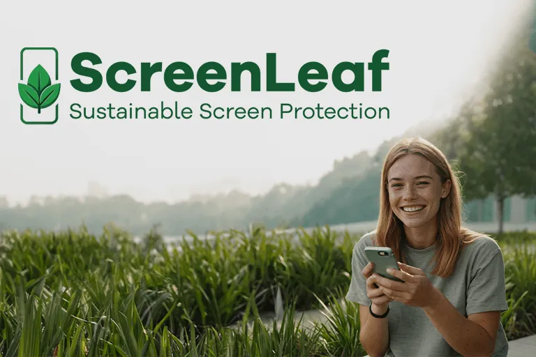 Mujer con smartphone en entorno verde – a su lado aparece el texto ScreenLeaf – Sustainable Screen Protection.