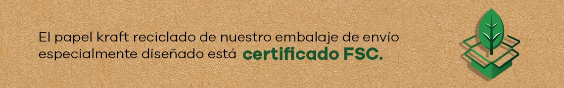 El papel kraft reciclado de nuestro embalaje de envío especialmente diseñado está certificado FSC.
