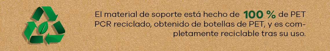 Símbolo de reciclaje con hoja y texto: material base 100 % de PET reciclado PCR, completamente reutilizable.