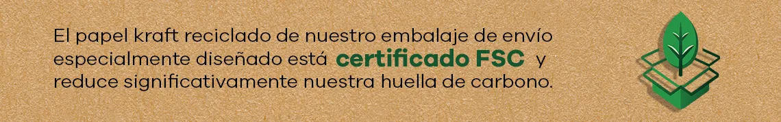 Ícono verde con hoja y caja, junto a texto sobre papel kraft reciclado con certificación FSC y menor huella de CO₂.