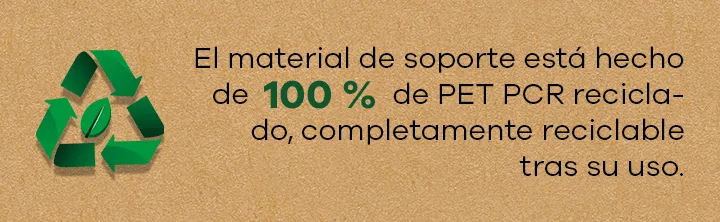 Símbolo de reciclaje con hoja y texto: material base 100 % de PET reciclado PCR, completamente reutilizable.
