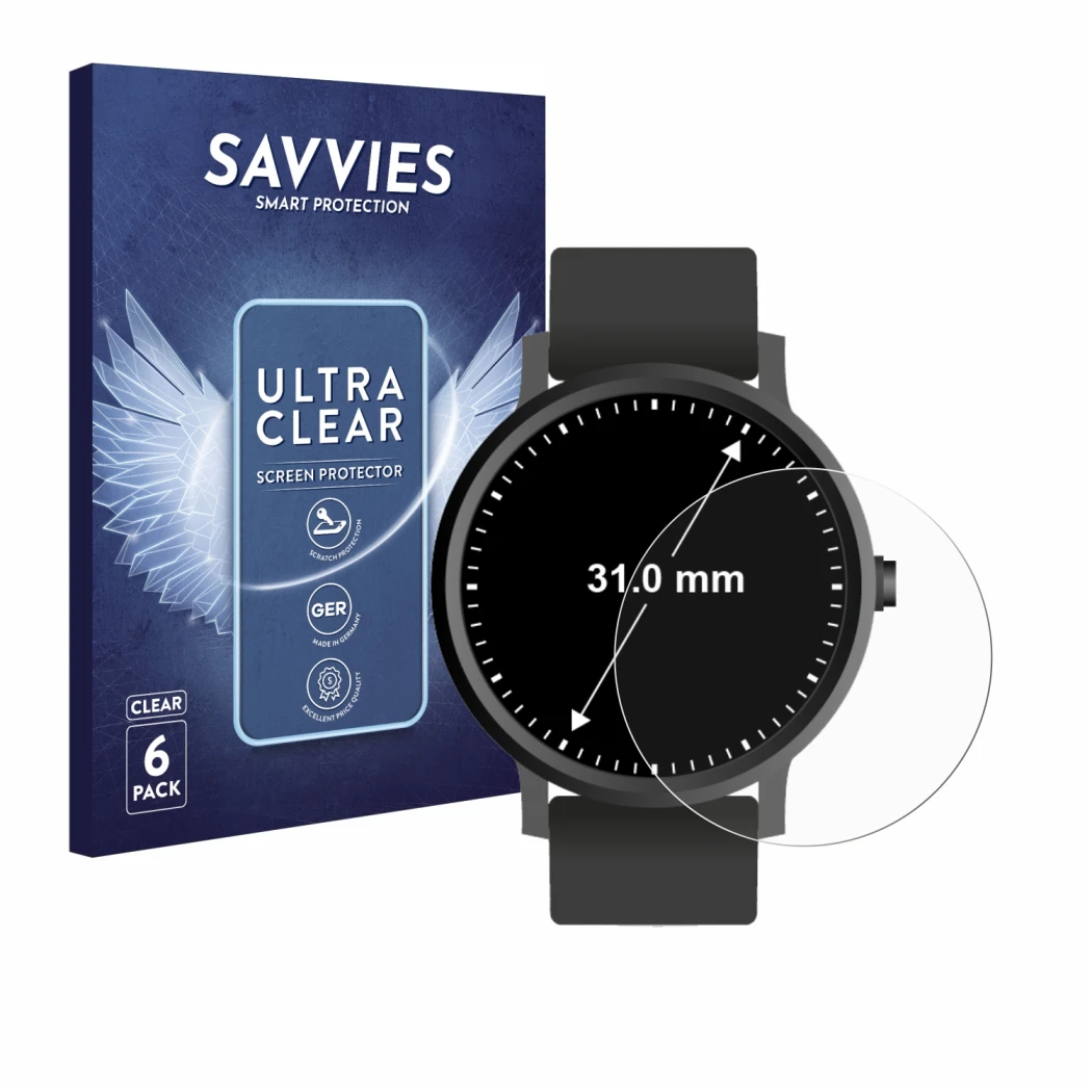Parte frontal de un envase de producto con el logotipo de la marca Savvies. Al lado se muestra el dispositivo Relojes (circula
