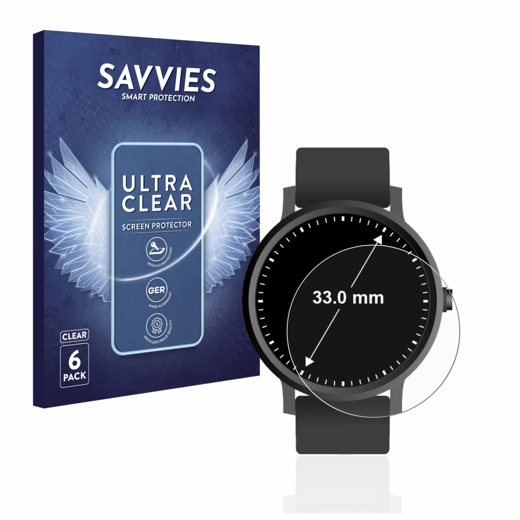 Parte frontal de un envase de producto con el logotipo de la marca Savvies. Al lado se muestra el dispositivo Relojes (Circula