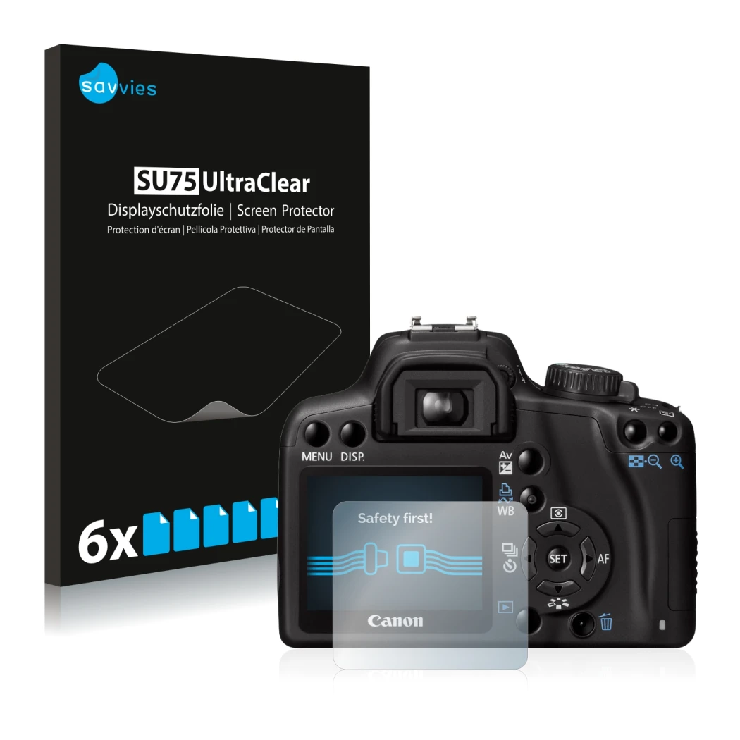 Parte frontal de un envase de producto con el logotipo de la marca Savvies. Al lado se muestra el dispositivo Canon EOS 1000D 