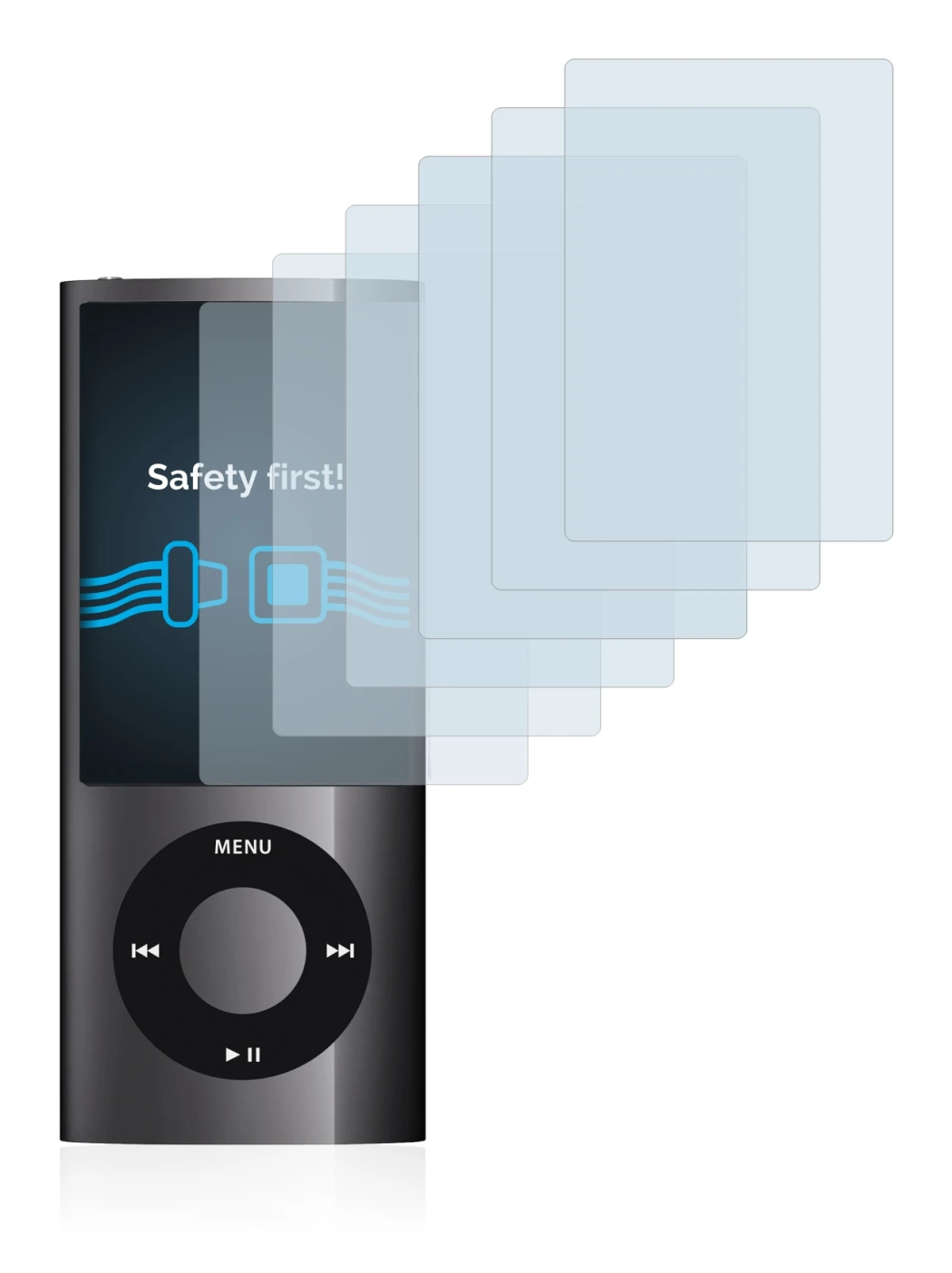 Imagen del dispositivo Apple iPod nano 2009 (5a. Gen.) con una amplia variedad de protectores de pantalla.
