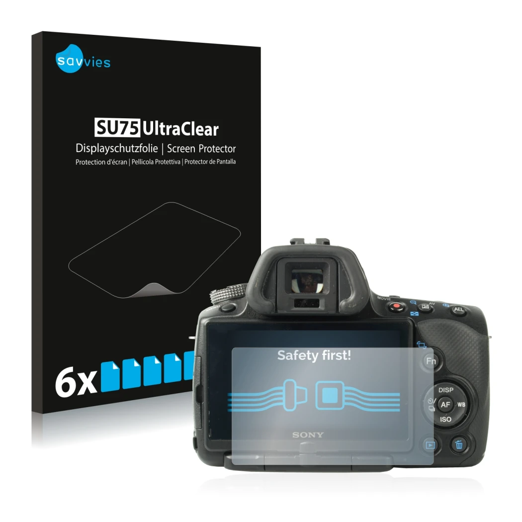 Parte frontal de un envase de producto con el logotipo de la marca Savvies. Al lado se muestra el dispositivo Sony Alpha 55 (S