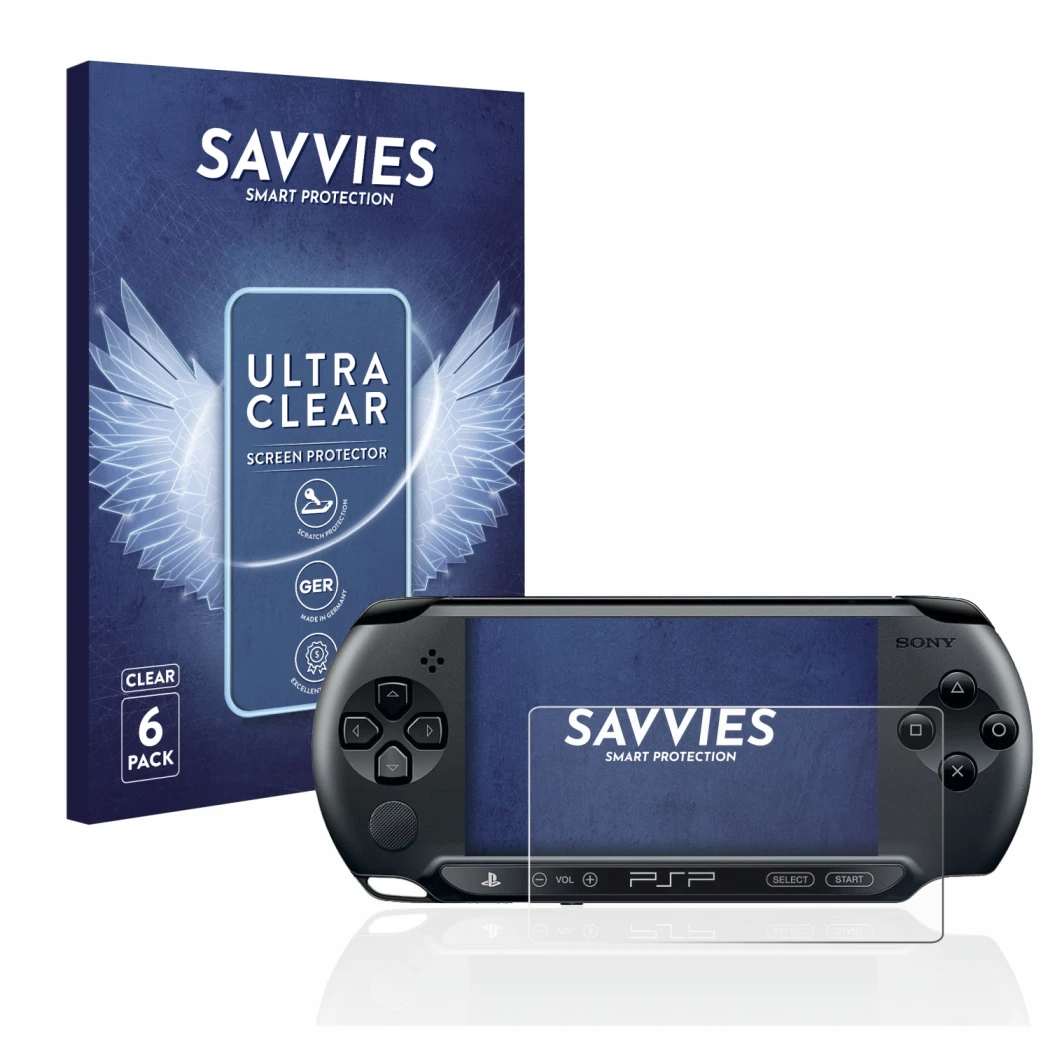Parte frontal de un envase de producto con el logotipo de la marca Savvies. Al lado se muestra el dispositivo Sony PSP 1004 co
