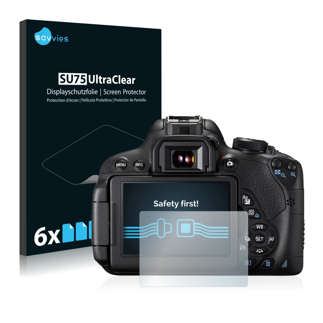 Parte frontal de un envase de producto con el logotipo de la marca Savvies. Al lado se muestra el dispositivo Canon EOS 700D c