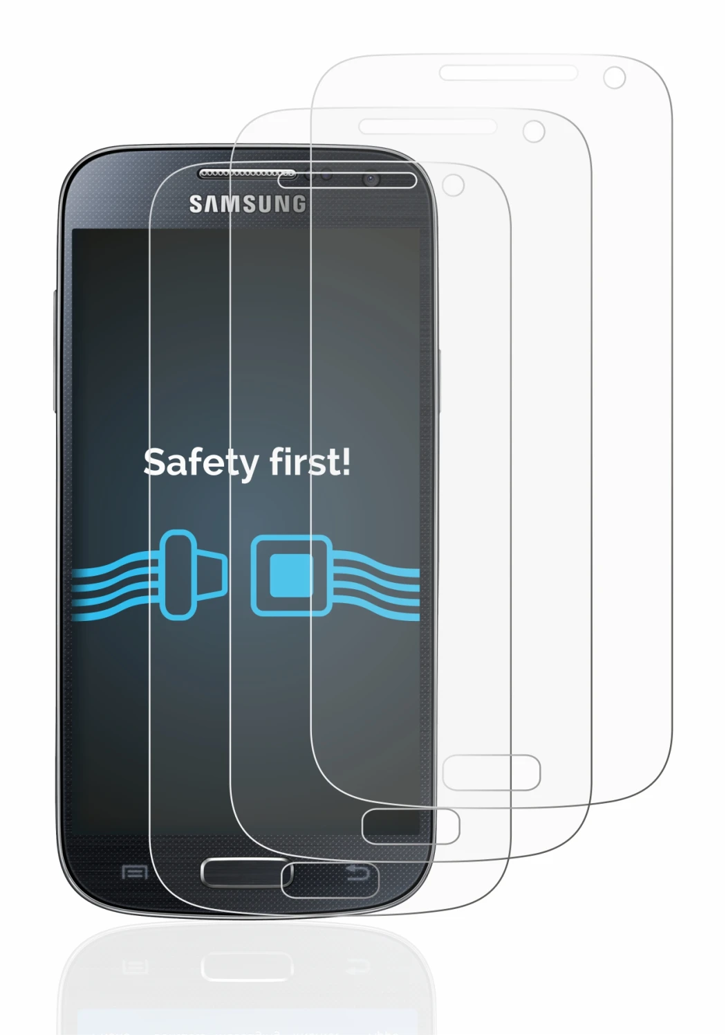Imagen del dispositivo Samsung Galaxy S4 Mini con una amplia variedad de protectores de pantalla.