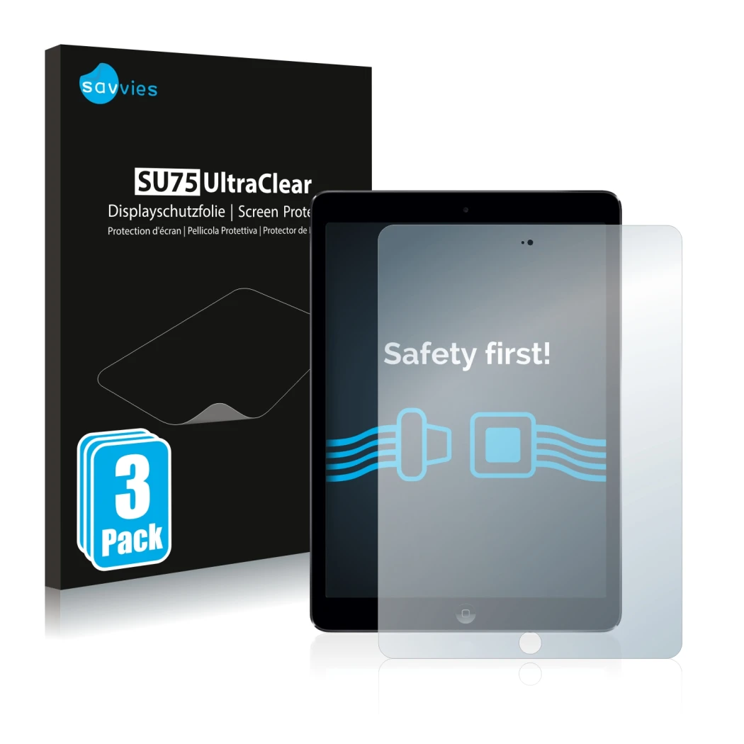 Parte frontal de un envase de producto con el logotipo de la marca Savvies. Al lado se muestra el dispositivo Apple iPad Air 2