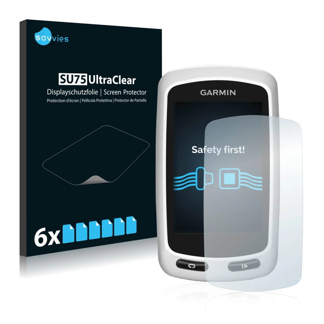 Parte frontal de un envase de producto con el logotipo de la marca Savvies. Al lado se muestra el dispositivo Garmin Edge Tour