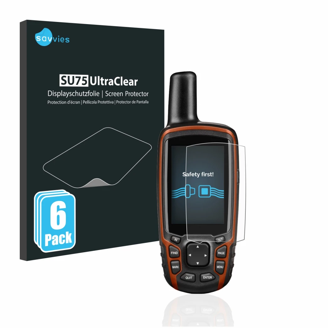 Parte frontal de un envase de producto con el logotipo de la marca Savvies. Al lado se muestra el dispositivo Garmin GPSMAP 64