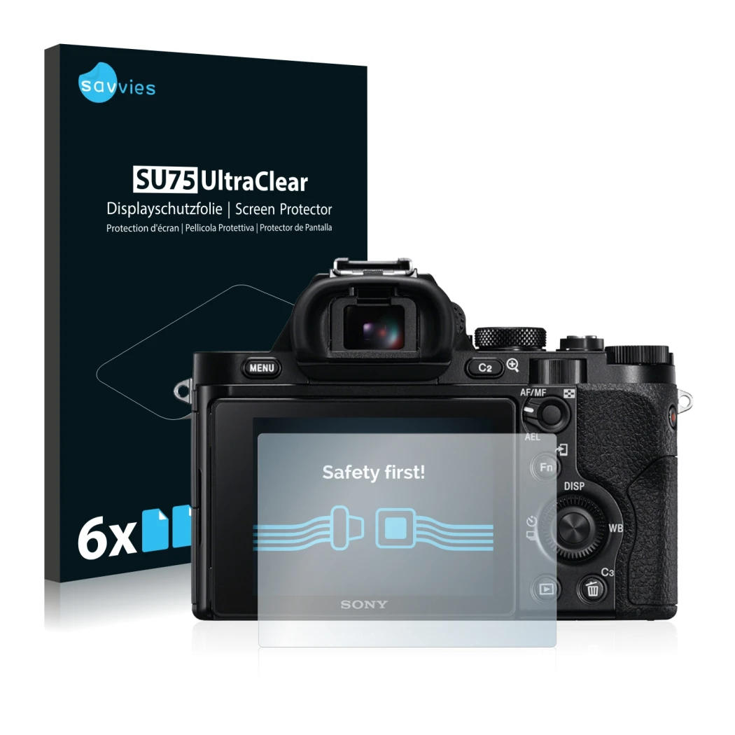 Parte frontal de un envase de producto con el logotipo de la marca Savvies. Al lado se muestra el dispositivo Sony Alpha 7S co