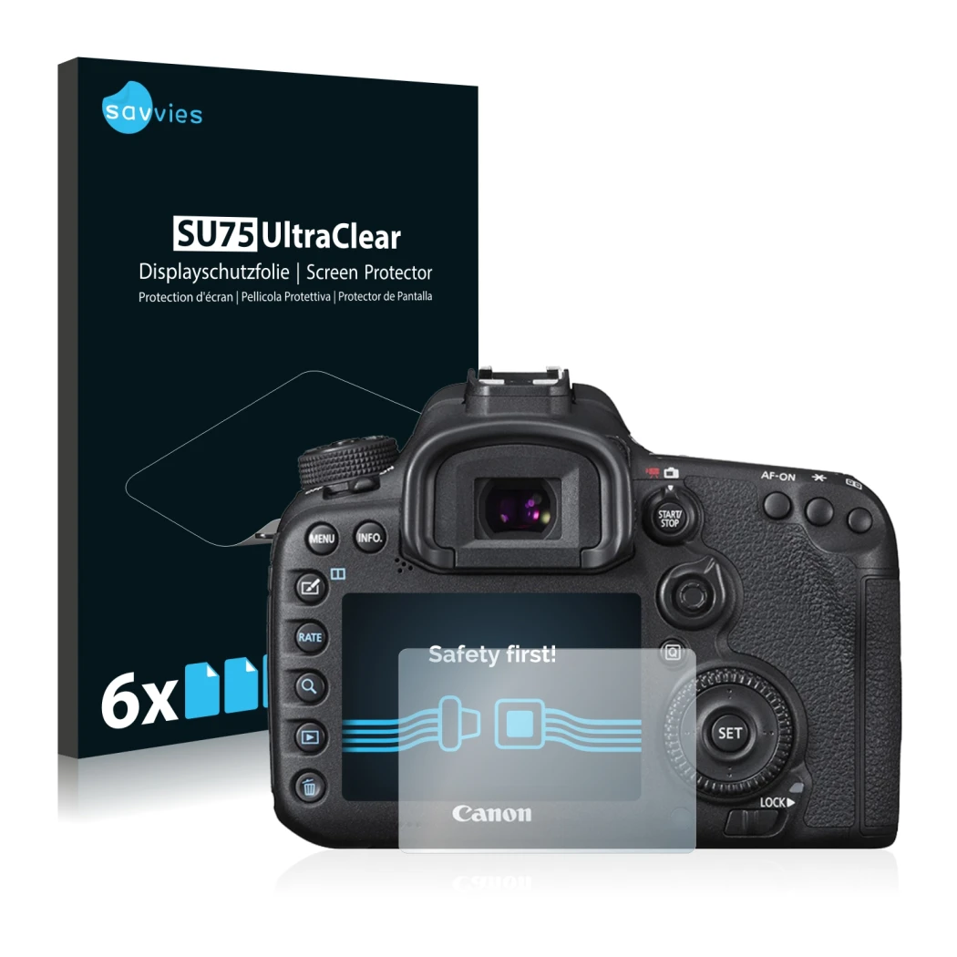 Parte frontal de un envase de producto con el logotipo de la marca Savvies. Al lado se muestra el dispositivo Canon EOS 7D Mar