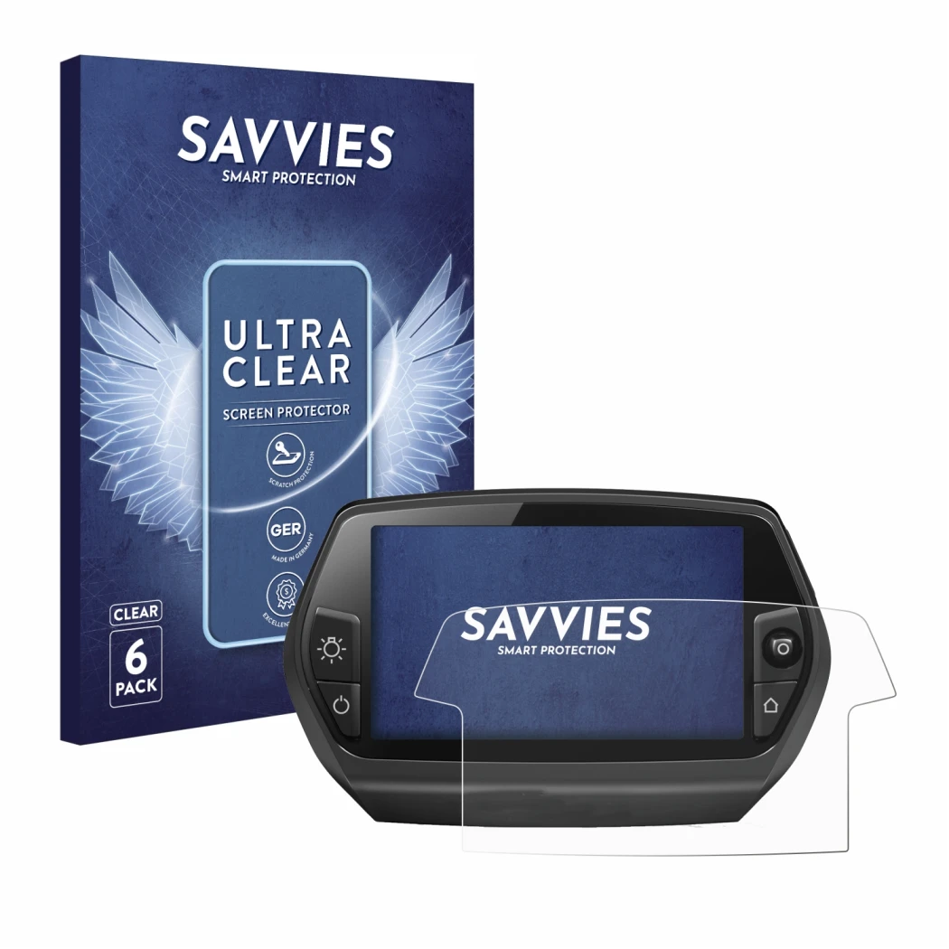 Parte frontal de un envase de producto con el logotipo de la marca Savvies. Al lado se muestra el dispositivo Bosch Nyon 2014 