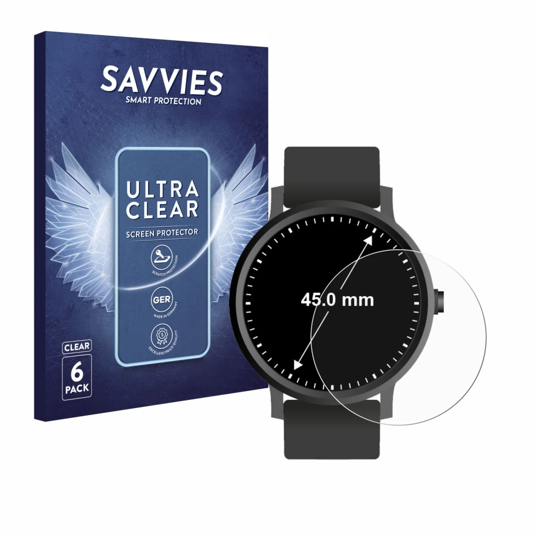 Parte frontal de un envase de producto con el logotipo de la marca Savvies. Al lado se muestra el dispositivo Relojes (Circula