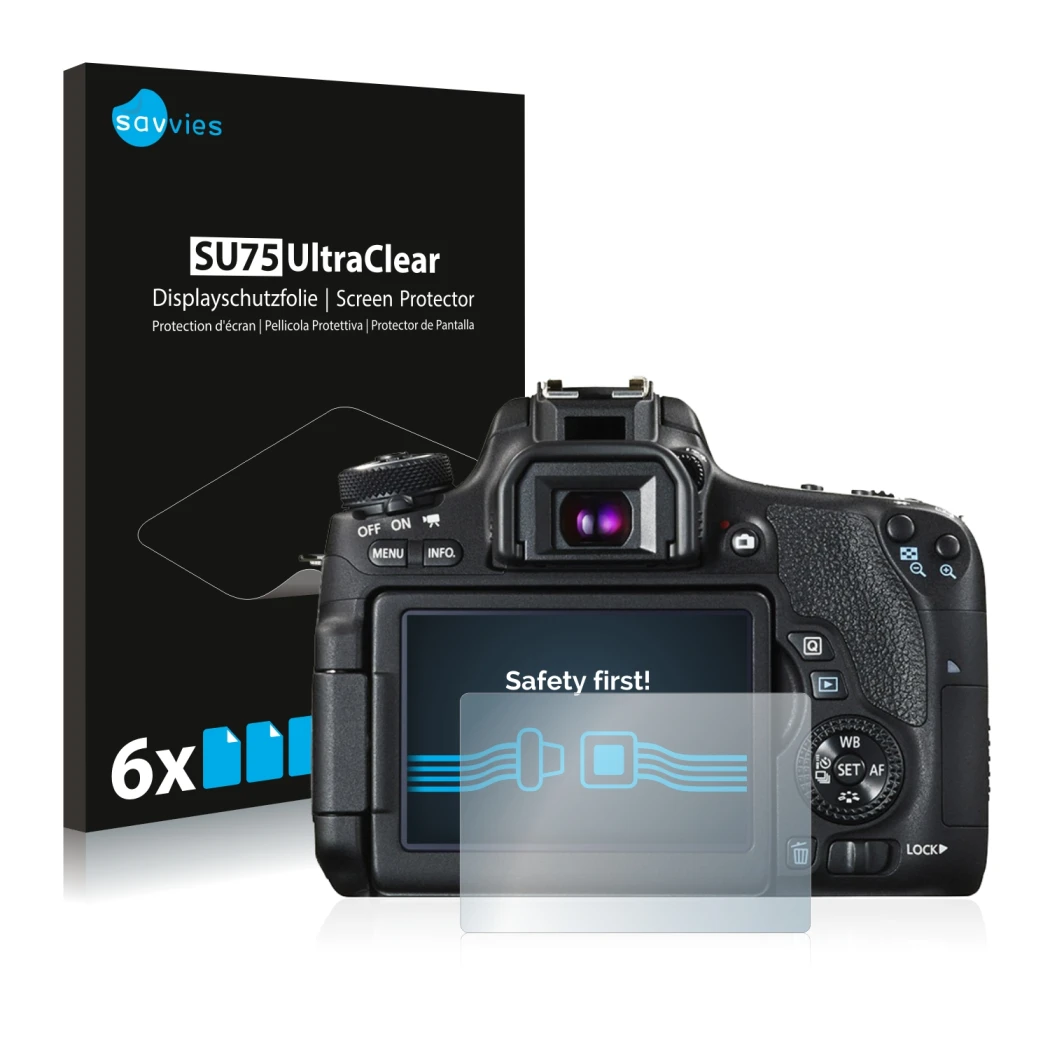 Parte frontal de un envase de producto con el logotipo de la marca Savvies. Al lado se muestra el dispositivo Canon EOS 760D c