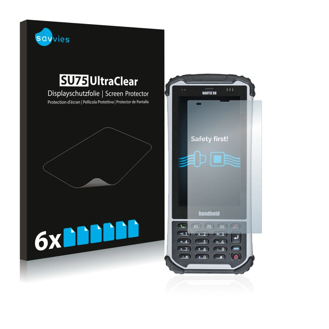 Parte frontal de un envase de producto con el logotipo de la marca Savvies. Al lado se muestra el dispositivo Handheld Nautiz 