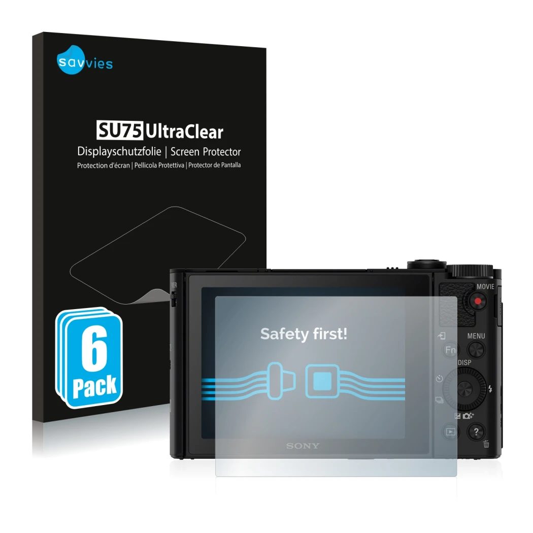 Parte frontal de un envase de producto con el logotipo de la marca Savvies. Al lado se muestra el dispositivo Sony Cyber-Shot 