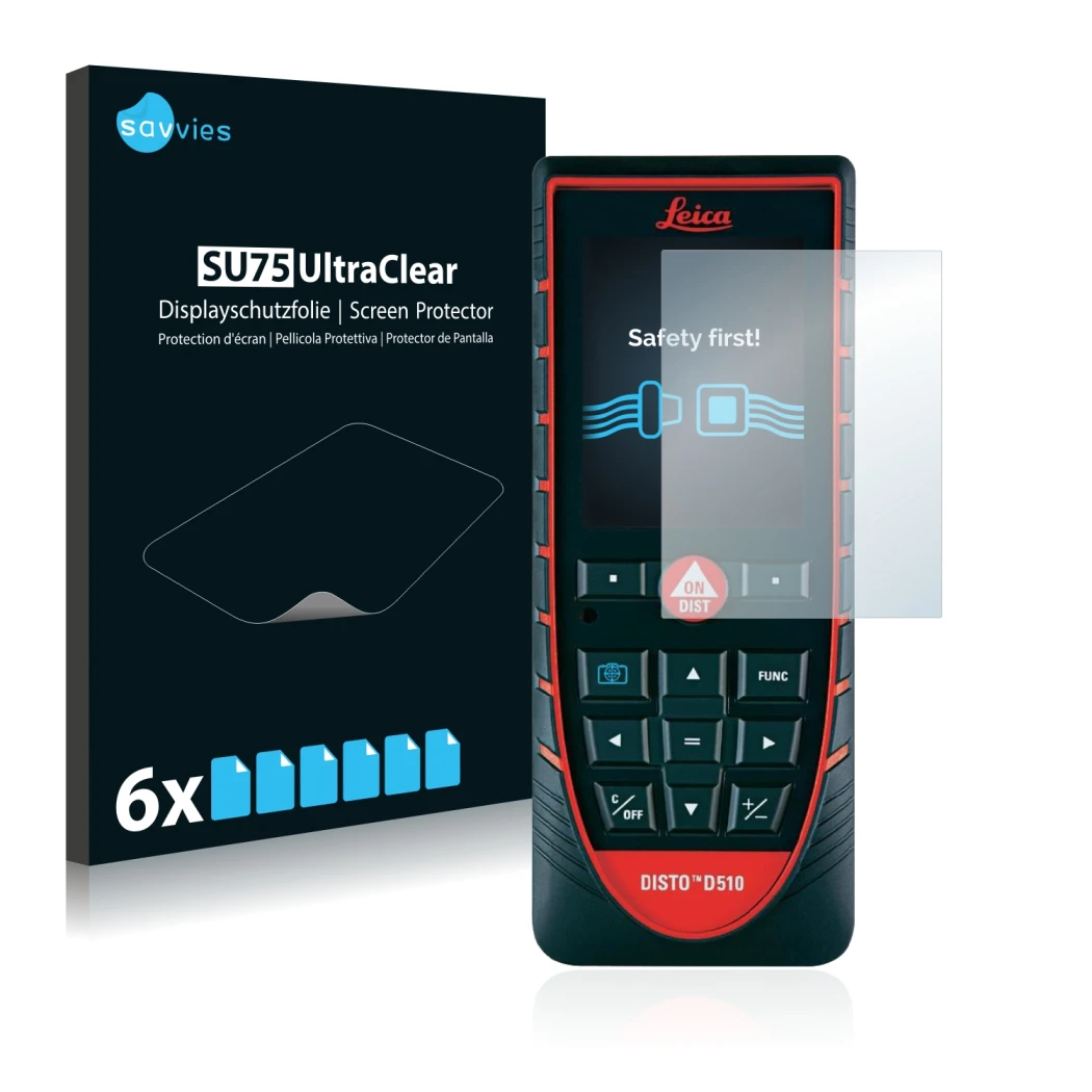 Parte frontal de un envase de producto con el logotipo de la marca Savvies. Al lado se muestra el dispositivo Leica DISTO D510