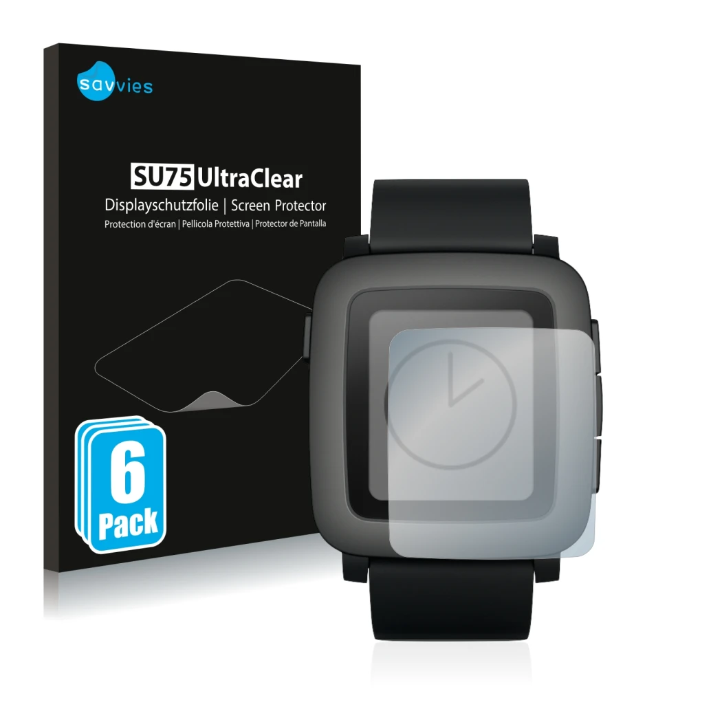 Parte frontal de un envase de producto con el logotipo de la marca Savvies. Al lado se muestra el dispositivo Pebble Time con 