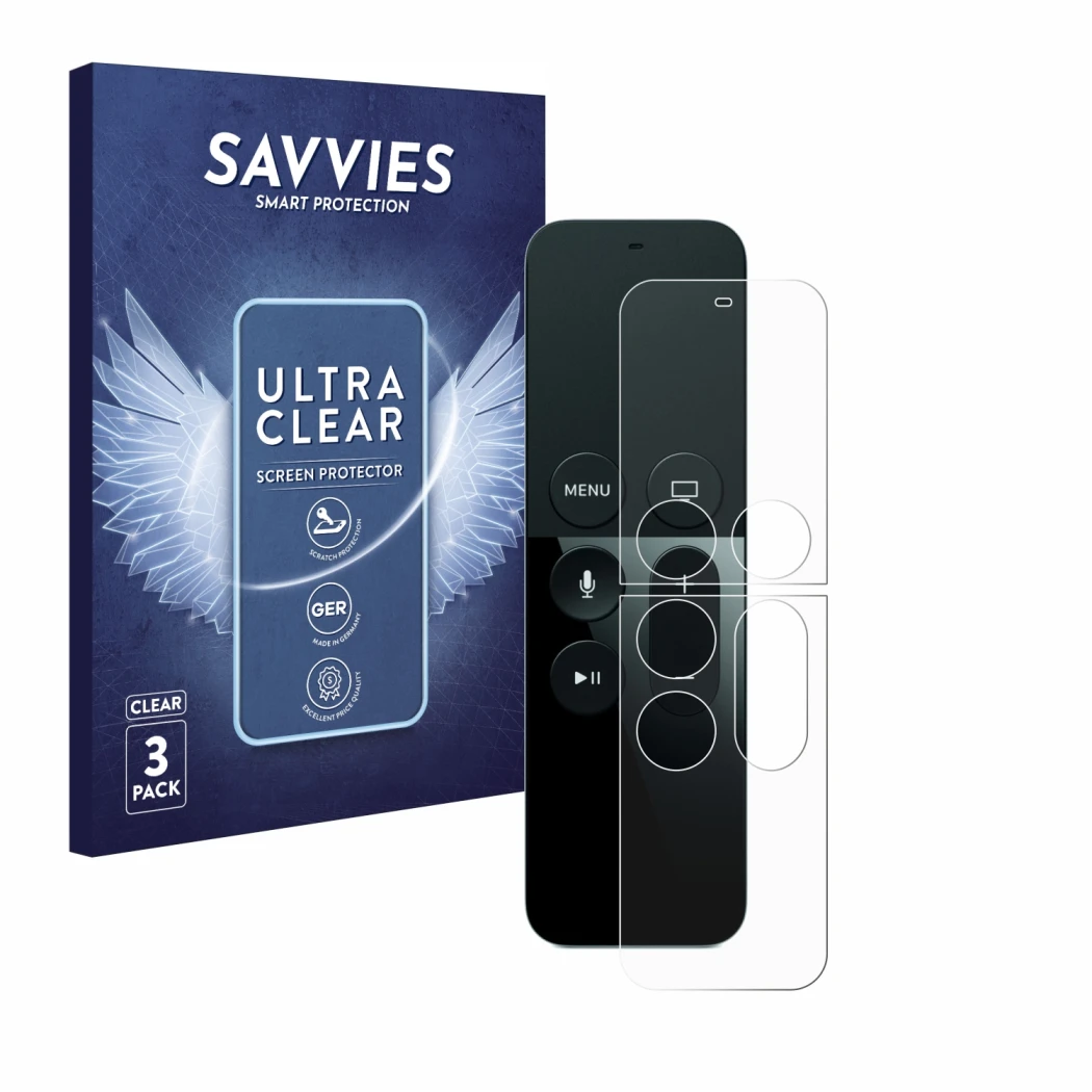 Parte frontal de un envase de producto con el logotipo de la marca Savvies. Al lado se muestra el dispositivo Apple Remote Con