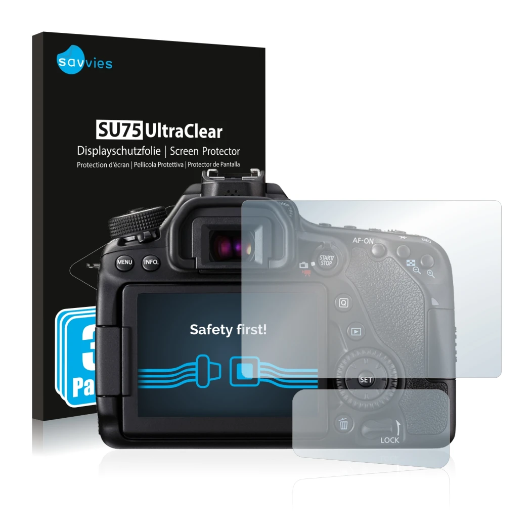 Parte frontal de un envase de producto con el logotipo de la marca Savvies. Al lado se muestra el dispositivo Canon EOS 80D co
