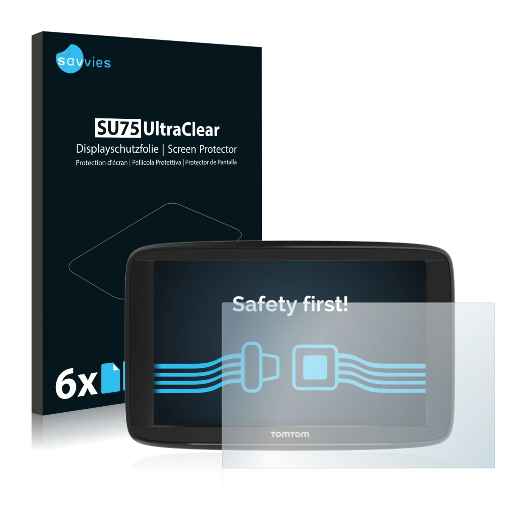 Parte frontal de un envase de producto con el logotipo de la marca Savvies. Al lado se muestra el dispositivo TomTom Start 62 
