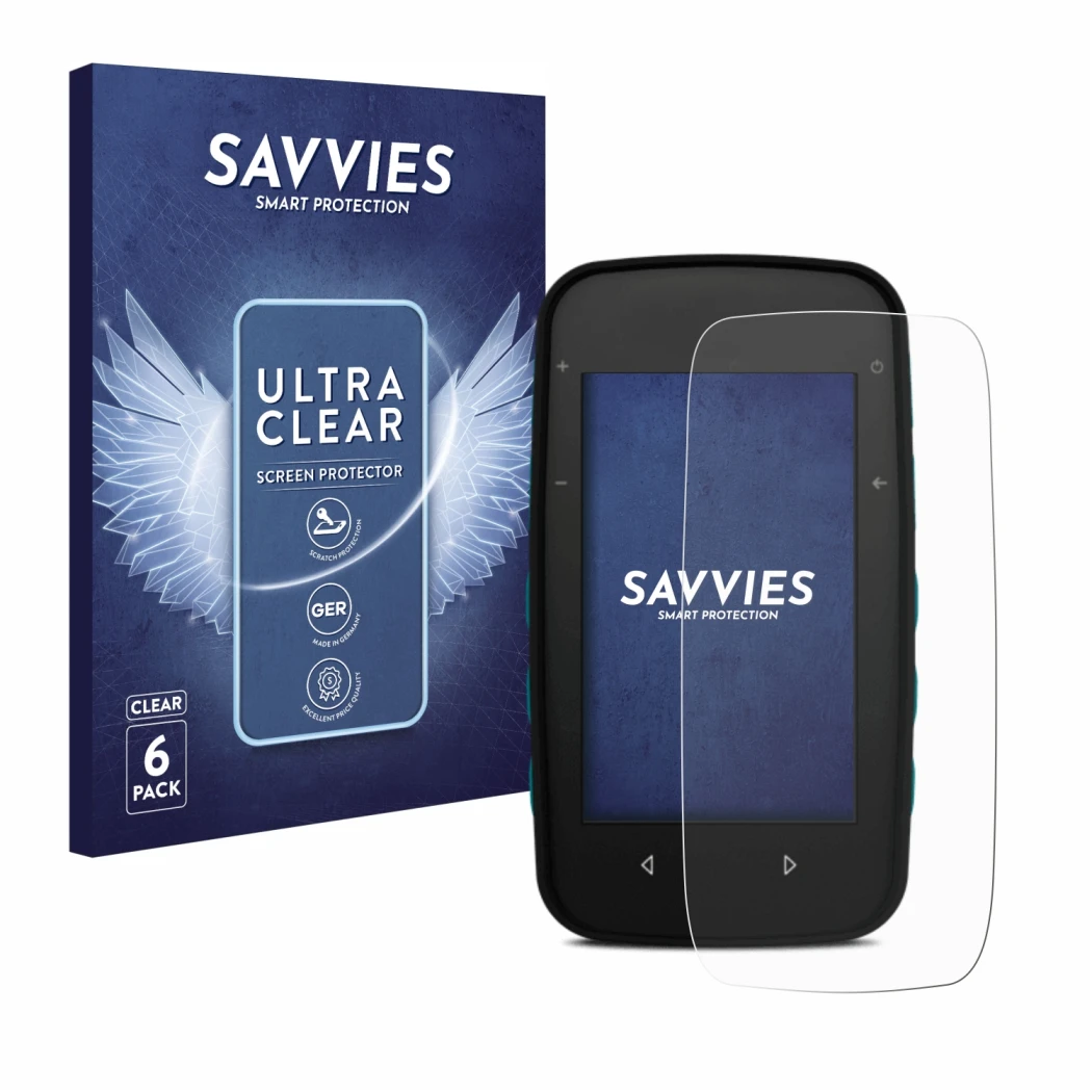 Parte frontal de un envase de producto con el logotipo de la marca Savvies. Al lado se muestra el dispositivo CompeGPS TwoNav 
