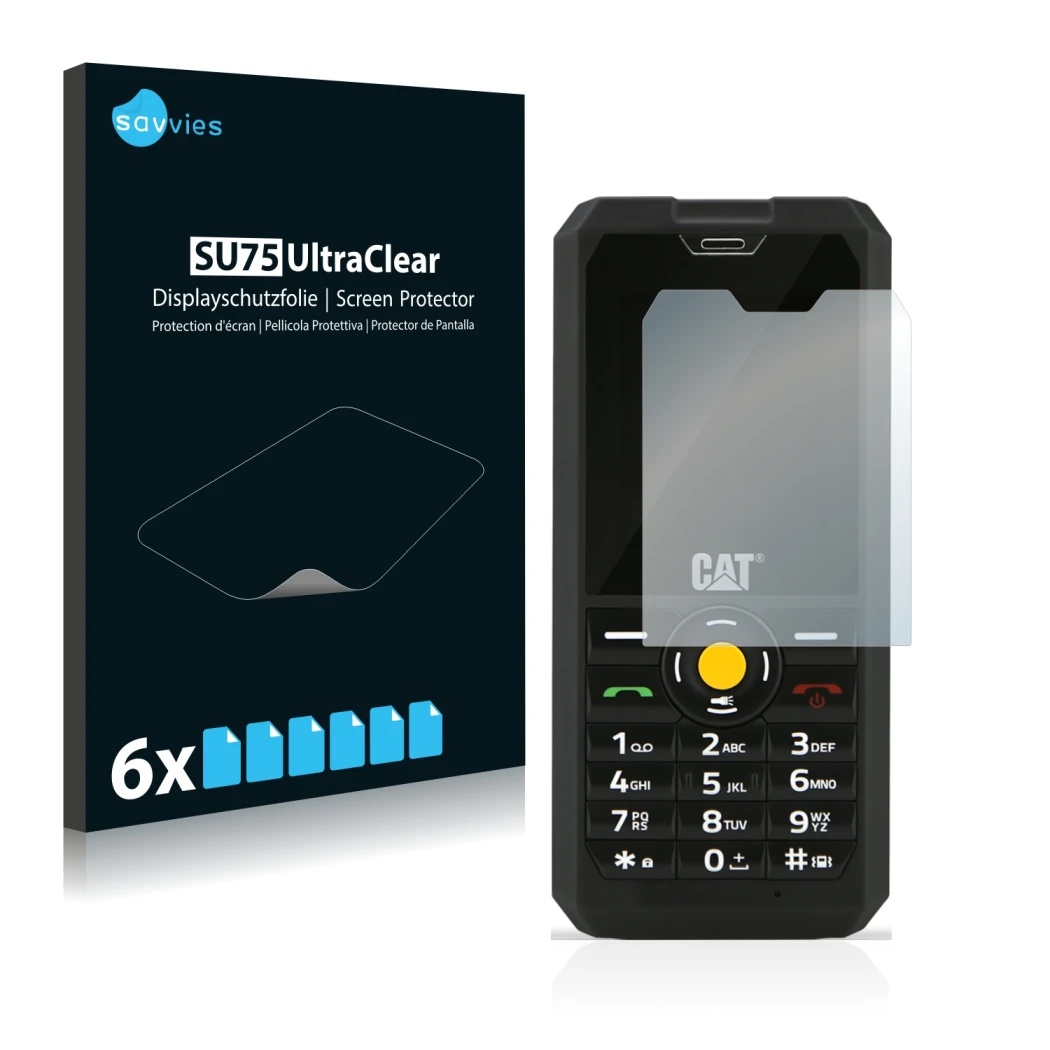 Parte frontal de un envase de producto con el logotipo de la marca Savvies. Al lado se muestra el dispositivo Caterpillar Cat 