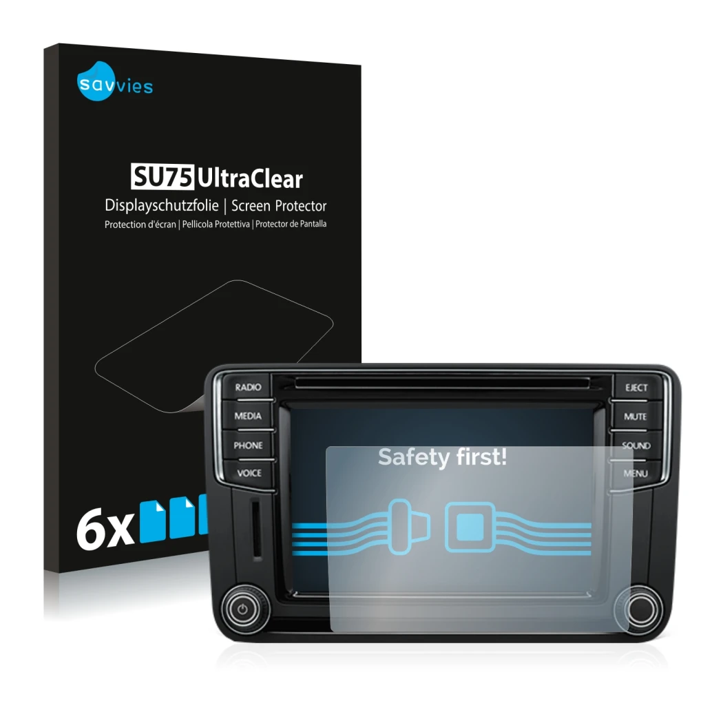 Parte frontal de un envase de producto con el logotipo de la marca Savvies. Al lado se muestra el dispositivo Volkswagen T6 20