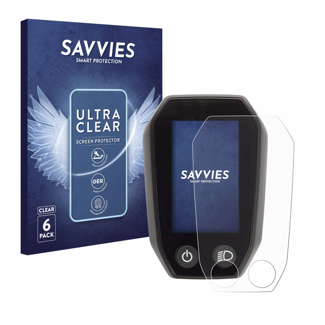 Parte frontal de un envase de producto con el logotipo de la marca Savvies. Al lado se muestra el dispositivo Shimano Steps SC