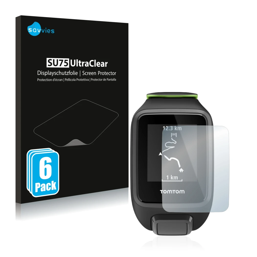 Parte frontal de un envase de producto con el logotipo de la marca Savvies. Al lado se muestra el dispositivo TomTom Runner 3 