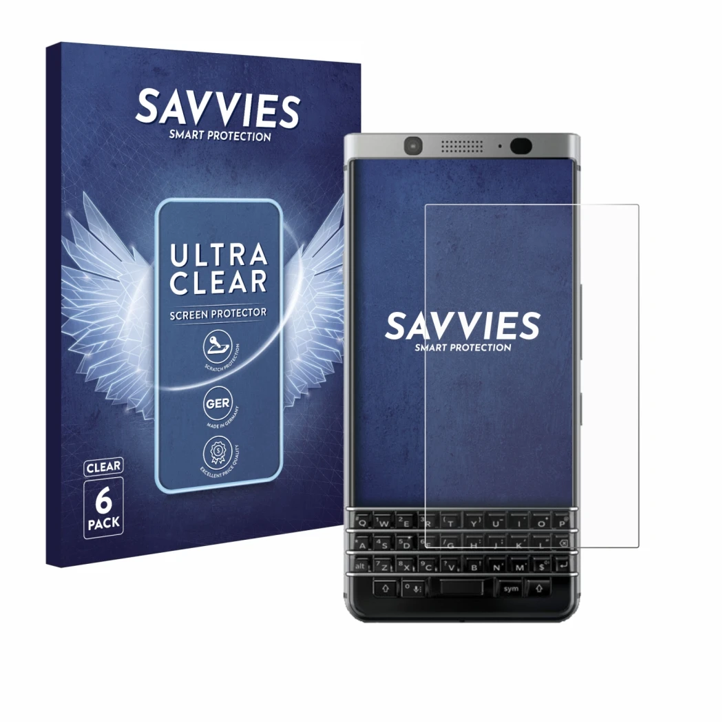 Parte frontal de un envase de producto con el logotipo de la marca Savvies. Al lado se muestra el dispositivo BlackBerry Keyon