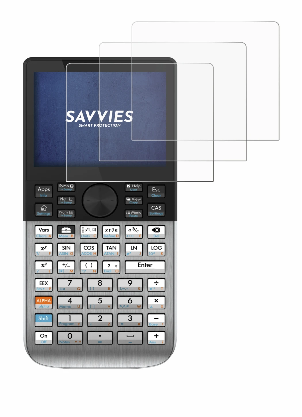 Imagen del dispositivo HP Prime con una amplia variedad de protectores de pantalla.