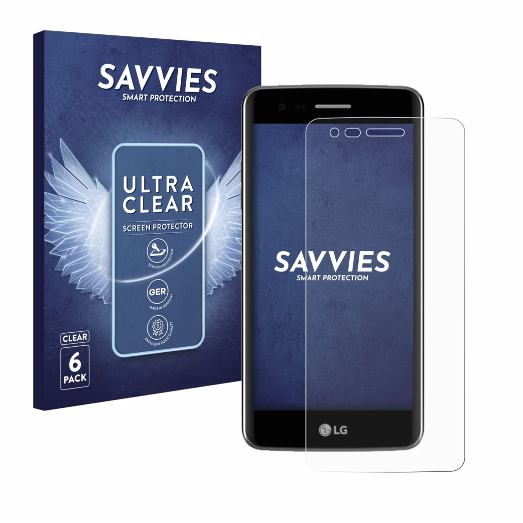 Parte frontal de un envase de producto con el logotipo de la marca Savvies. Al lado se muestra el dispositivo LG K8 2017 con s