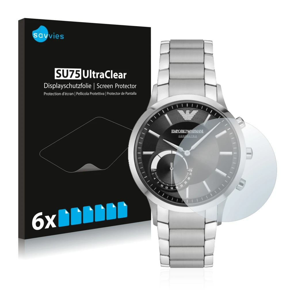 Parte frontal de un envase de producto con el logotipo de la marca Savvies. Al lado se muestra el dispositivo Emporio Armani C