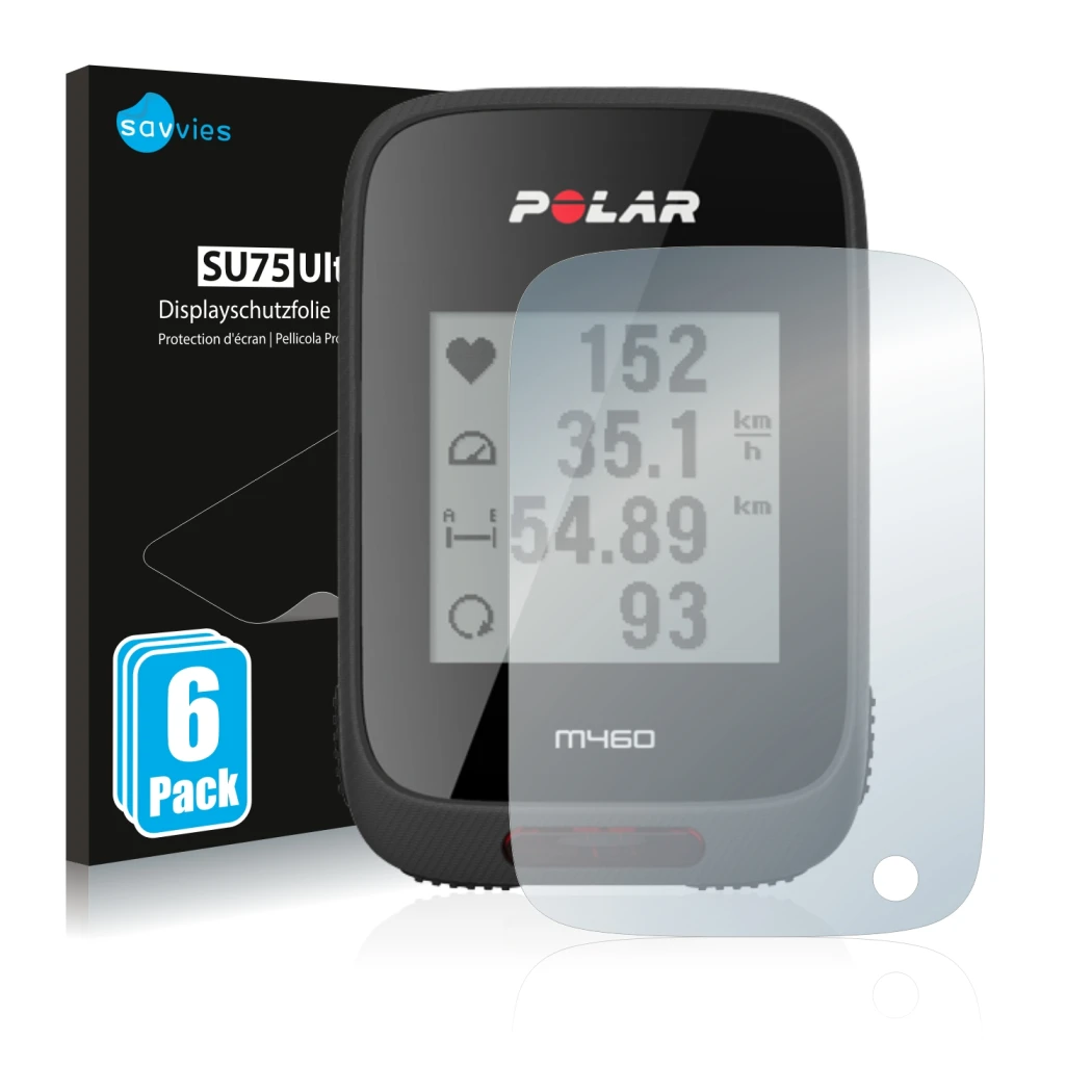 Parte frontal de un envase de producto con el logotipo de la marca Savvies. Al lado se muestra el dispositivo Polar M460 con s