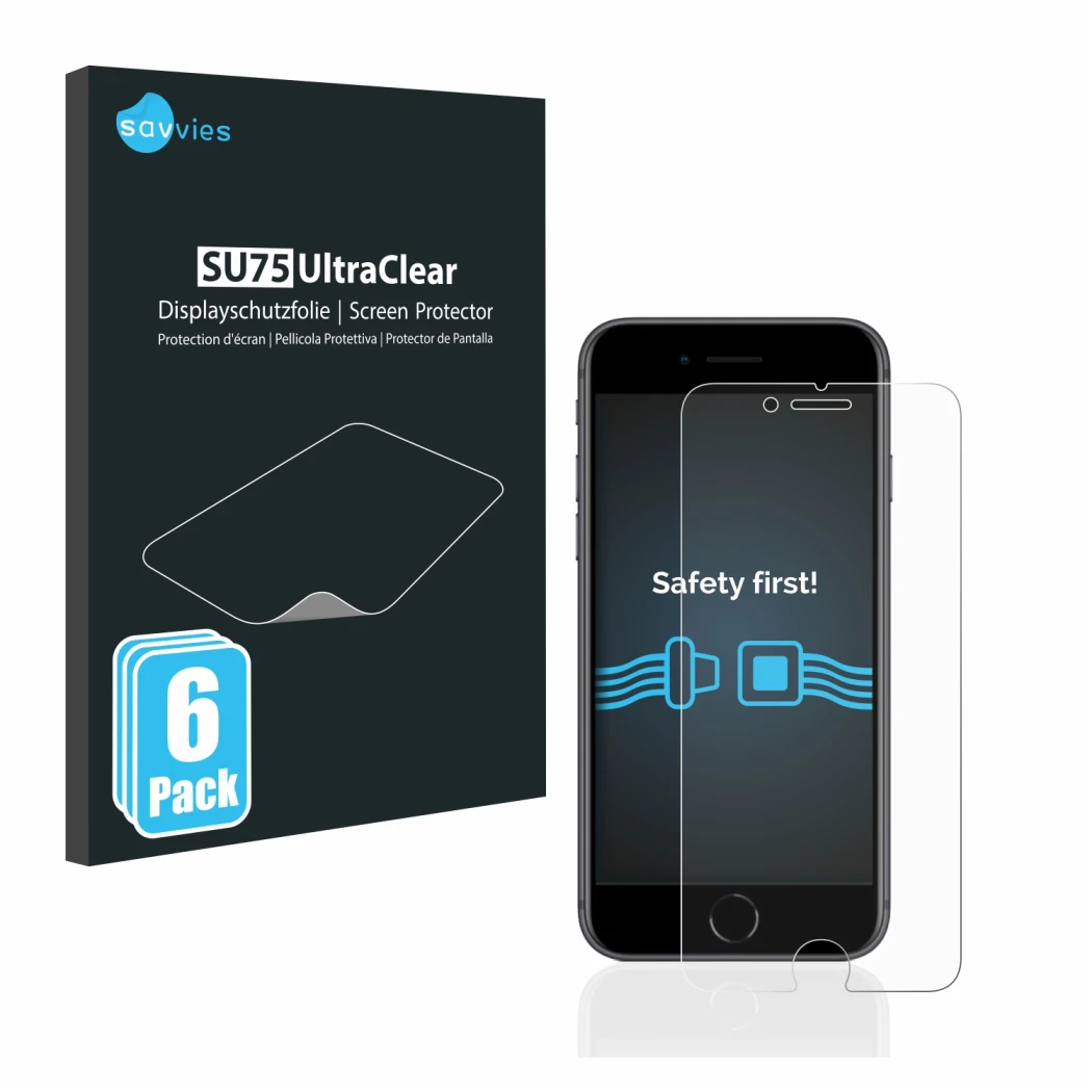 Parte frontal de un envase de producto con el logotipo de la marca Savvies. Al lado se muestra el dispositivo Apple iPhone 8 c