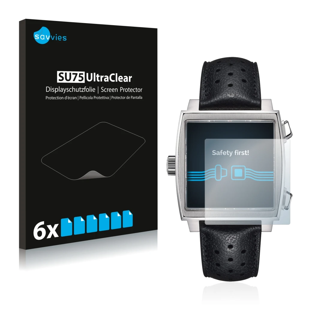 Parte frontal de un envase de producto con el logotipo de la marca Savvies. Al lado se muestra el dispositivo TAG Heuer Monaco