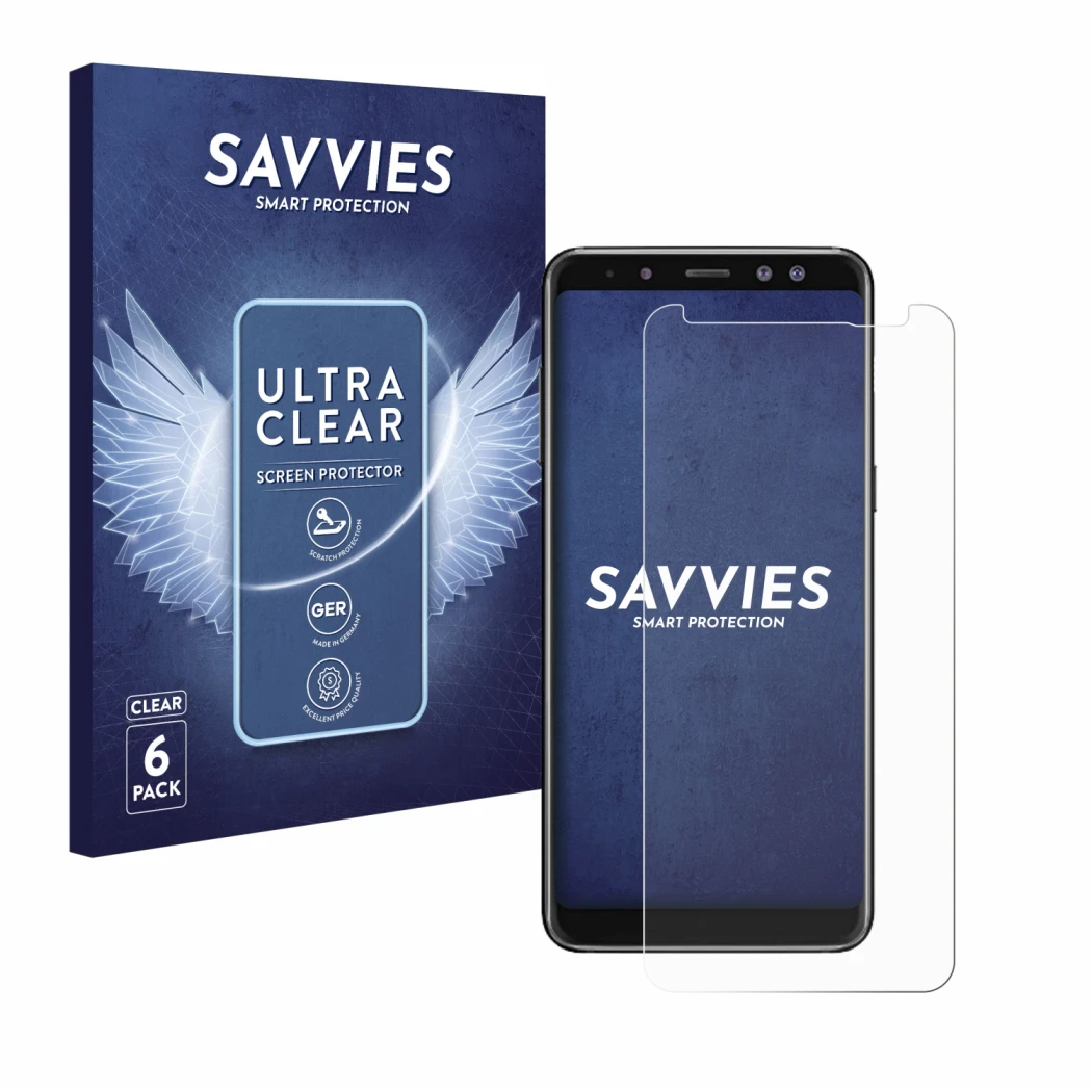 Parte frontal de un envase de producto con el logotipo de la marca Savvies. Al lado se muestra el dispositivo Samsung Galaxy A