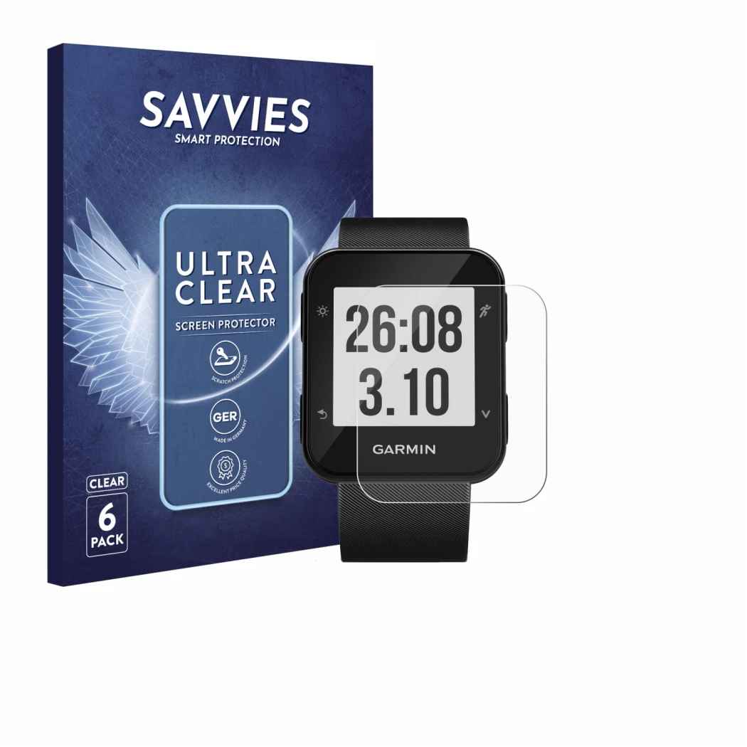 Parte frontal de un envase de producto con el logotipo de la marca Savvies. Al lado se muestra el dispositivo Garmin Forerunne