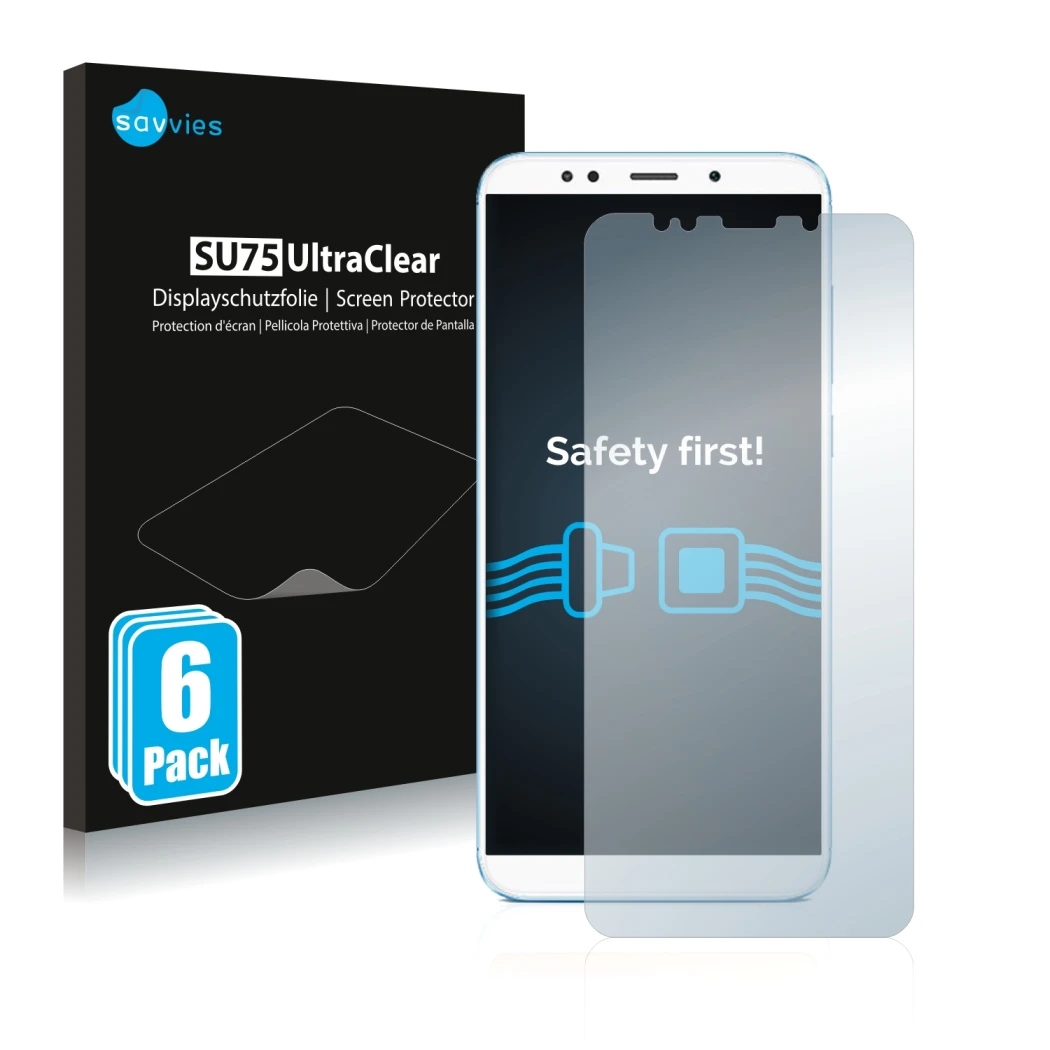 Parte frontal de un envase de producto con el logotipo de la marca Savvies. Al lado se muestra el dispositivo Xiaomi Redmi 5 P