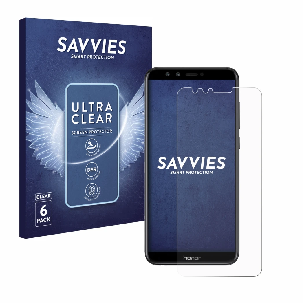 Parte frontal de un envase de producto con el logotipo de la marca Savvies. Al lado se muestra el dispositivo Honor 9 Lite con