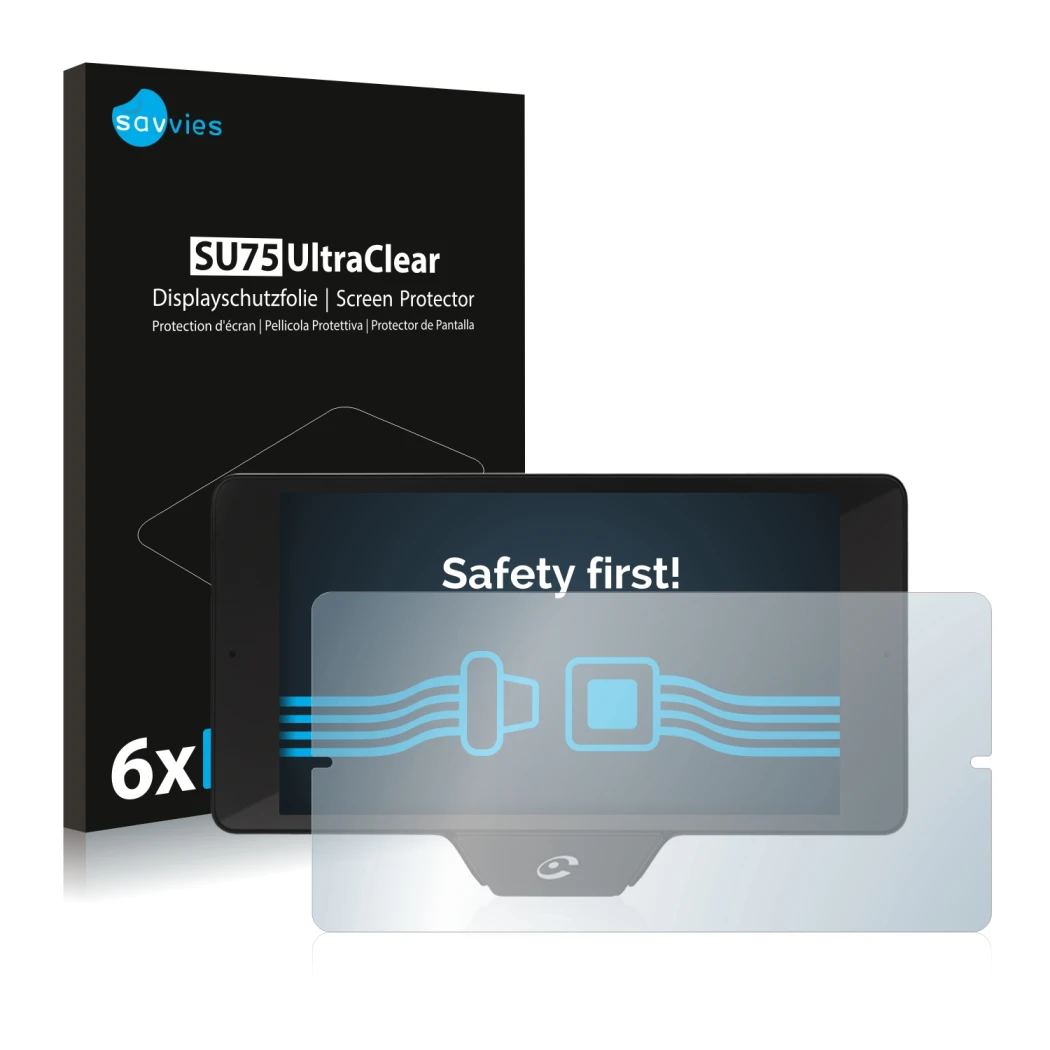 Parte frontal de un envase de producto con el logotipo de la marca Savvies. Al lado se muestra el dispositivo Coyote Nav+ 2017