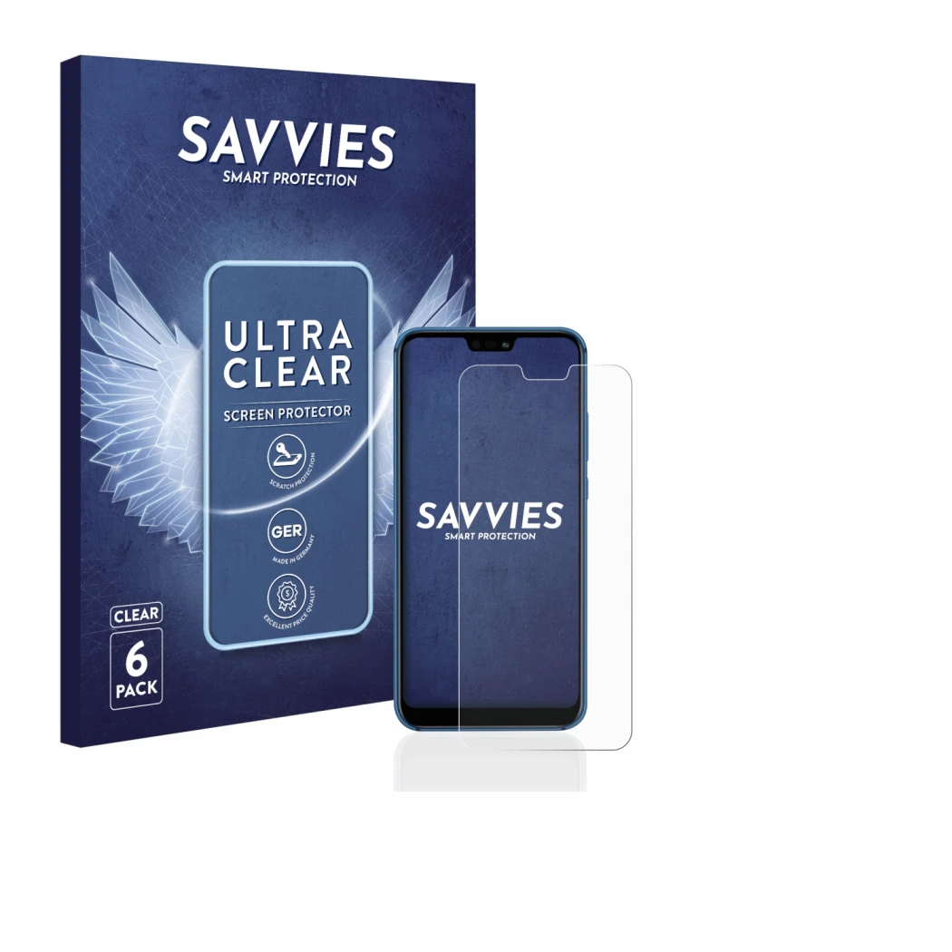 Parte frontal de un envase de producto con el logotipo de la marca Savvies. Al lado se muestra el dispositivo Huawei P20 lite 