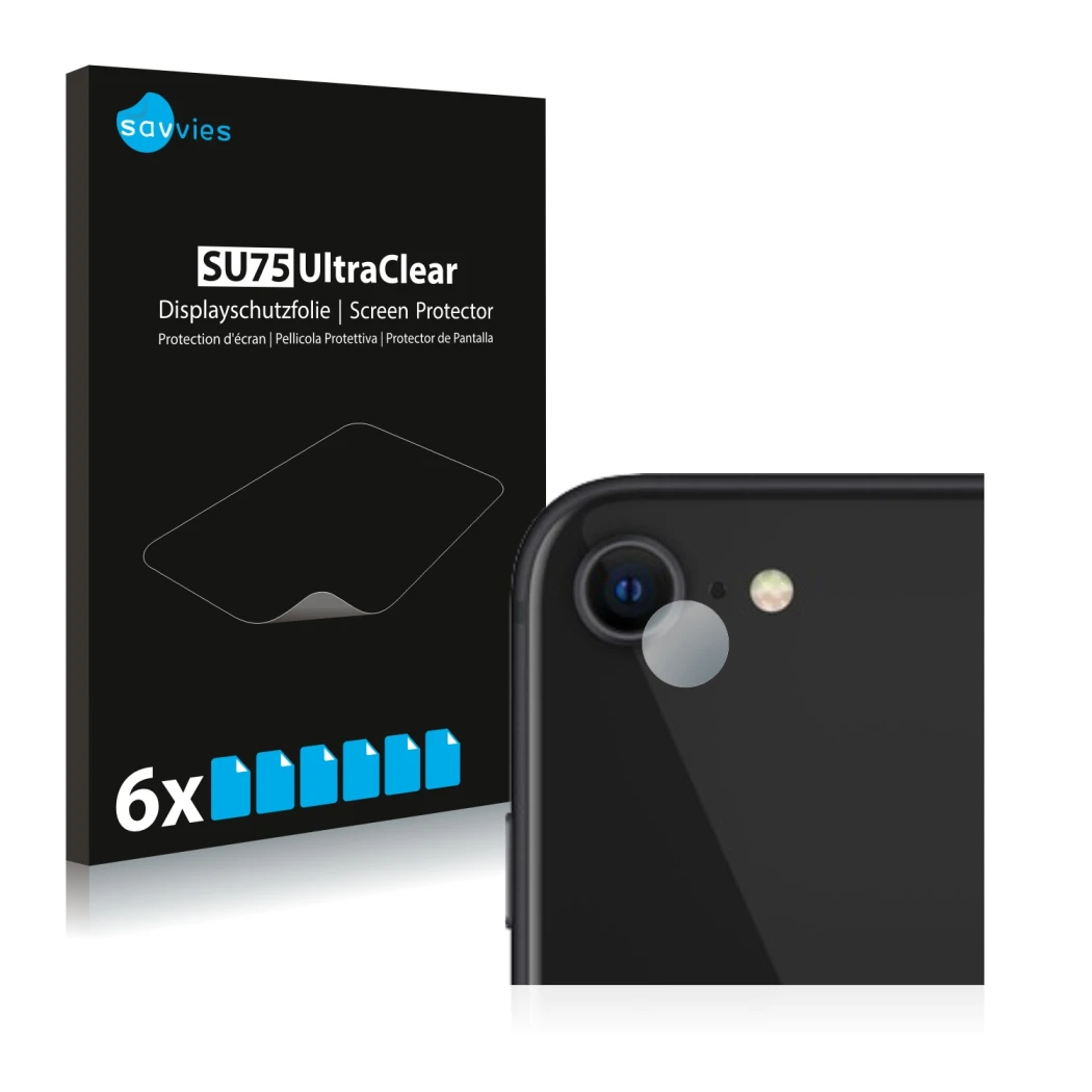 Parte frontal de un envase de producto con el logotipo de la marca Savvies. Al lado se muestra el dispositivo Apple iPhone SE 